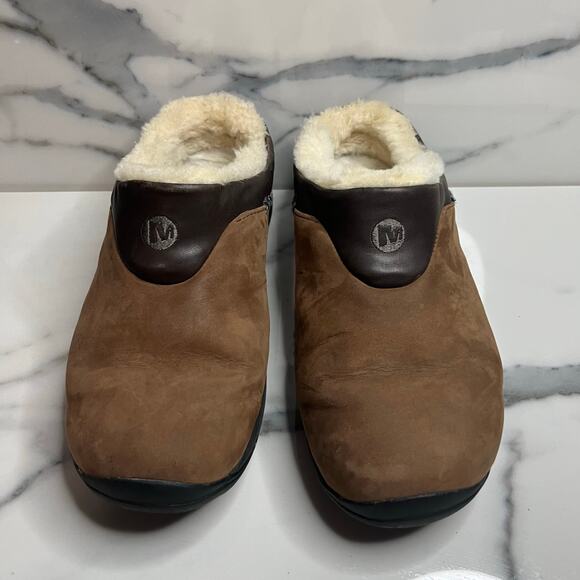 Merrell Women's Brown Leather Faux Fur Encore Slide Sure Grip Nubuck Shoes Sz 7 - Picture 2 of 8